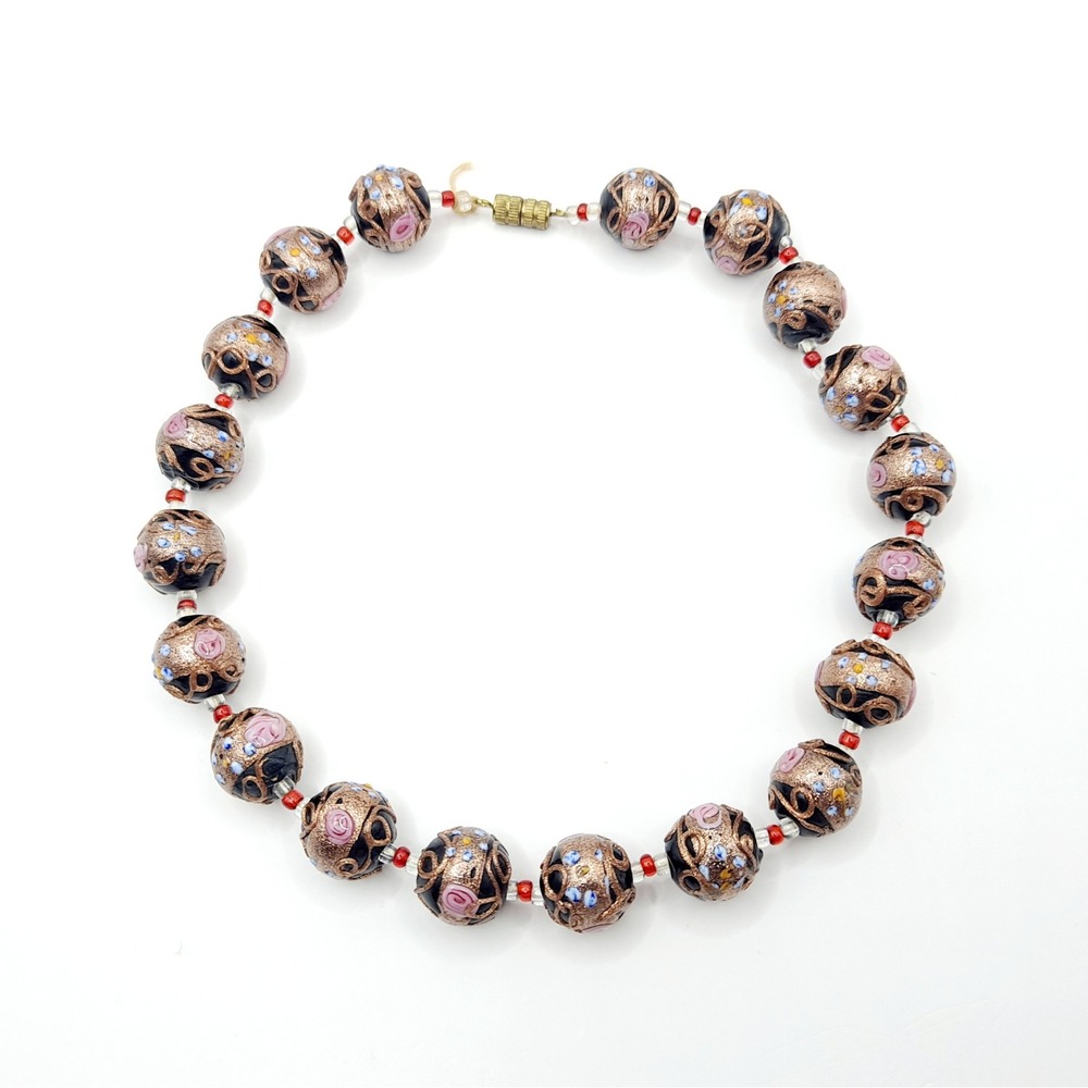 Vintage Wedding Cake Bead Necklace Millefiori Glass Goldtone Black Pink 15" READ - Picture 11 of 14